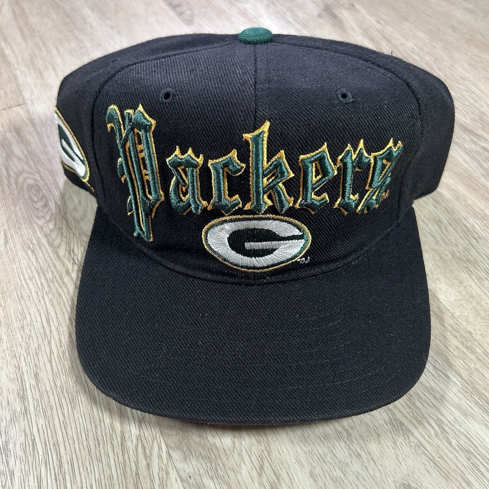 VTG Green Bay Packers Old English Snapback Hat NFL Drew Pearson Black Wool Cap